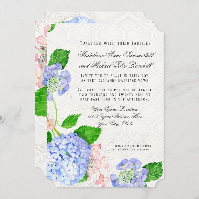 Blau in Pink Hydrangeas Wasserfarbe Floral Arabesk Einladung (Vorne/Hinten)