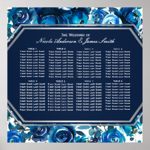 Blau Indigo Blumen Blumen Hochzeit Sitzplan Poster