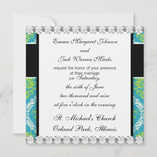 Blau-Kalkgrün und verzierte Sahne-Damast Einladung (Vorderseite)
