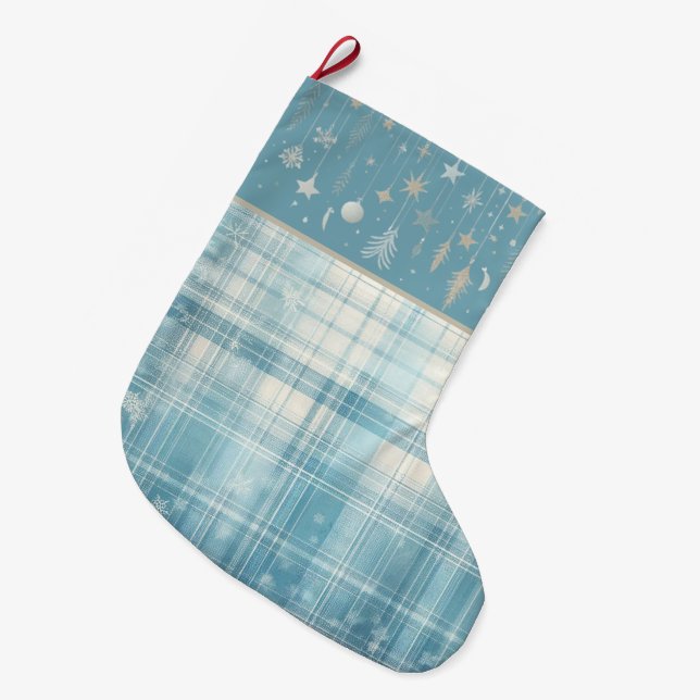 Blau Kariert Großer Weihnachtsstrumpf (Vorderansicht (hängend))