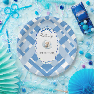 Blau kariert Junge Baby Shower Bär Band Pappteller