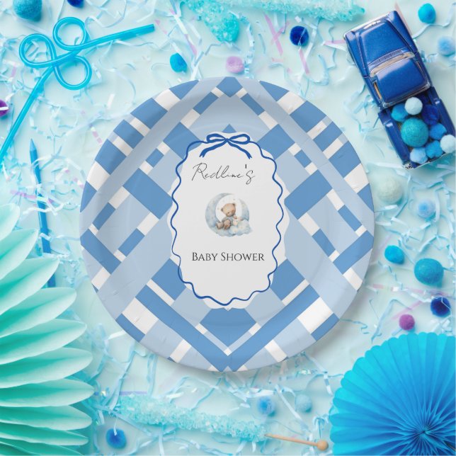 Blau kariert Junge Baby Shower Bär Band Pappteller (Party)