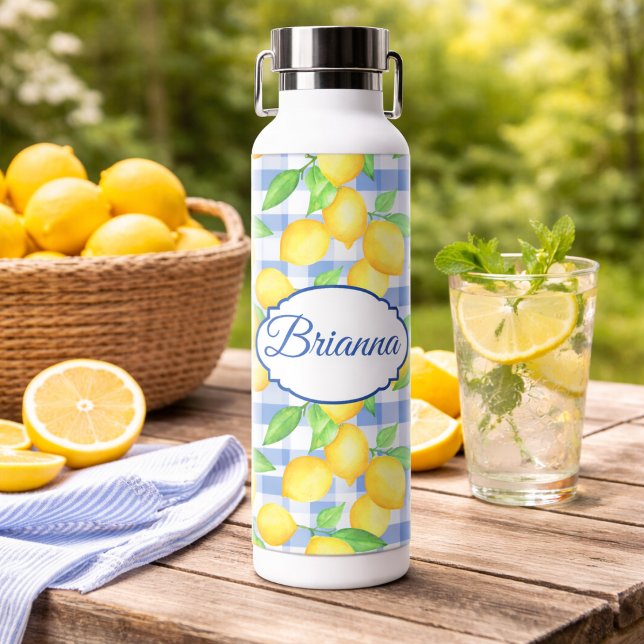 Blau kariert Limette Name Picknick Stil Trinkflasche (Von Creator hochgeladen)