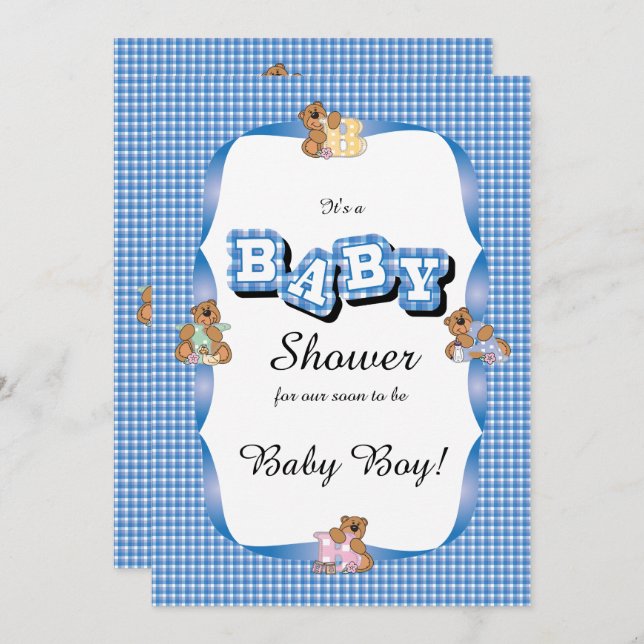 Blau Kariert mit Baby Bears| Babydusche Einladung (Vorne/Hinten)