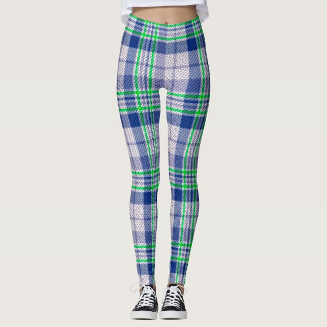 Blau Kariert mit grünen Leggings (Vorderseite)