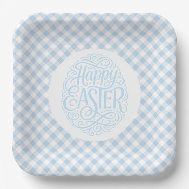 Blau kariert Ostern Pappteller (Vorderseite)