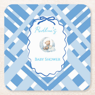 Blau karierter Junge Baby Shower Bär Band Quadrati Rechteckiger Pappuntersetzer