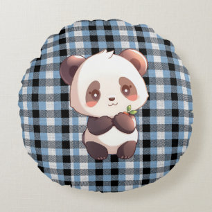Blau karierter Panda-Wurfkissen Rundes Kissen
