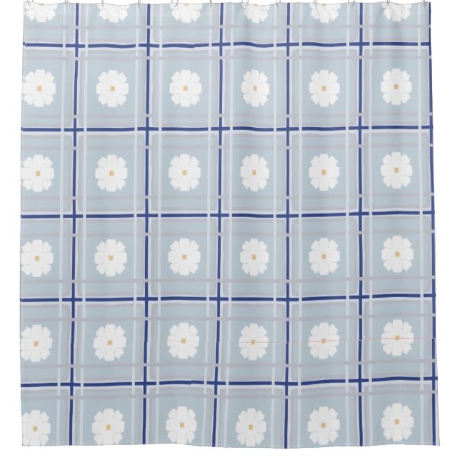 Blau kariertes Gänseblümchen-Muster Duschvorhang (Vorderseite)