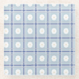 Blau kariertes Gänseblümchen-Muster Glasuntersetzer