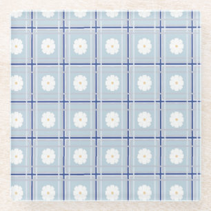 Blau kariertes Gänseblümchen-Muster Glasuntersetzer
