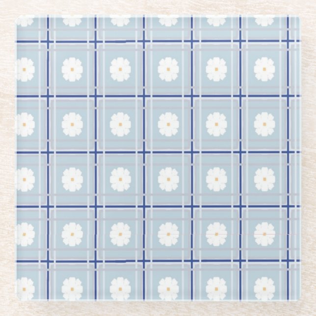Blau kariertes Gänseblümchen-Muster Glasuntersetzer (Vorderseite)