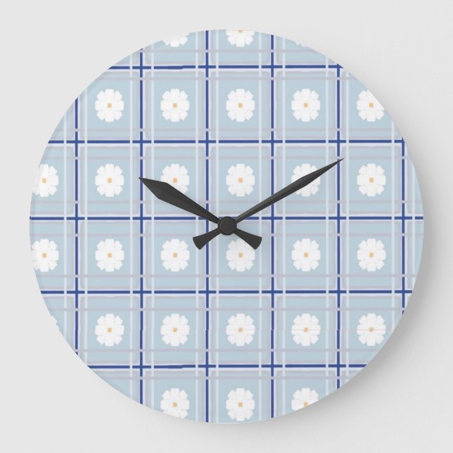 Blau kariertes Gänseblümchen-Muster Große Wanduhr (Vorderseite)
