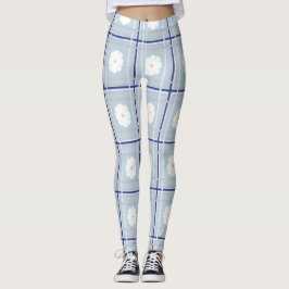 Blau kariertes Gänseblümchen-Muster Leggings