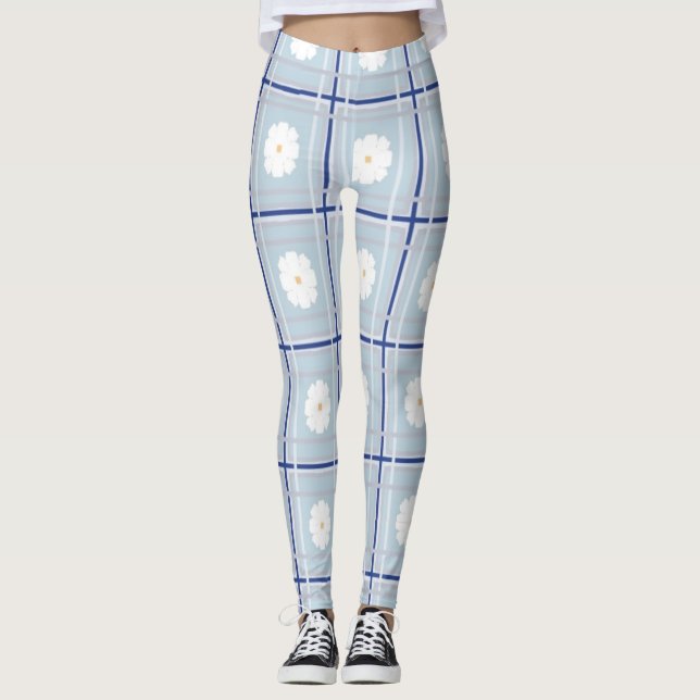 Blau kariertes Gänseblümchen-Muster Leggings (Vorderseite)