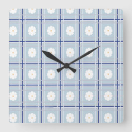 Blau kariertes Gänseblümchen-Muster Quadratische Wanduhr