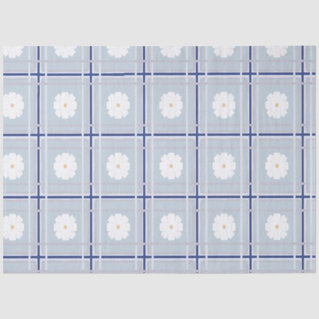 Blau kariertes Gänseblümchen-Muster Seidenpapier (Vorderseite)