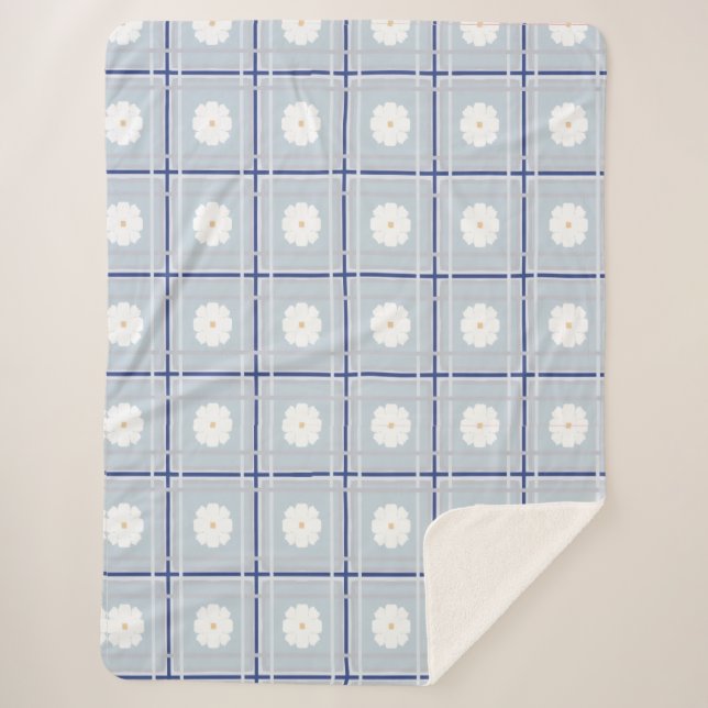 Blau kariertes Gänseblümchen-Muster Sherpadecke (Vorderseite)