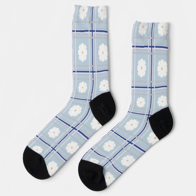 Blau kariertes Gänseblümchen-Muster Socken (Linkes Detail)