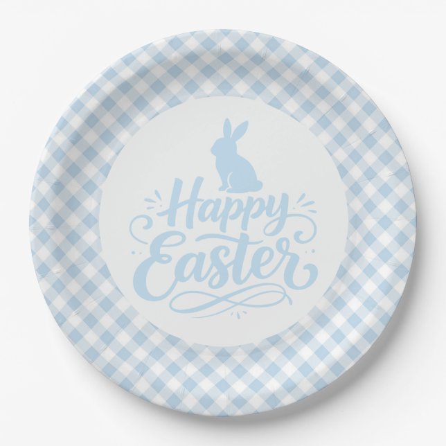 Blau kariertes Ostern Pappteller (Vorderseite)
