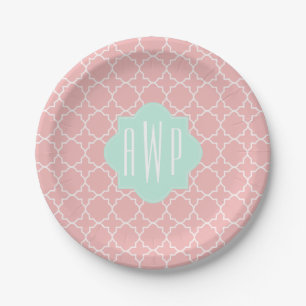 Blau + Korallenrotes Monogramm Quatrefoil Pappteller