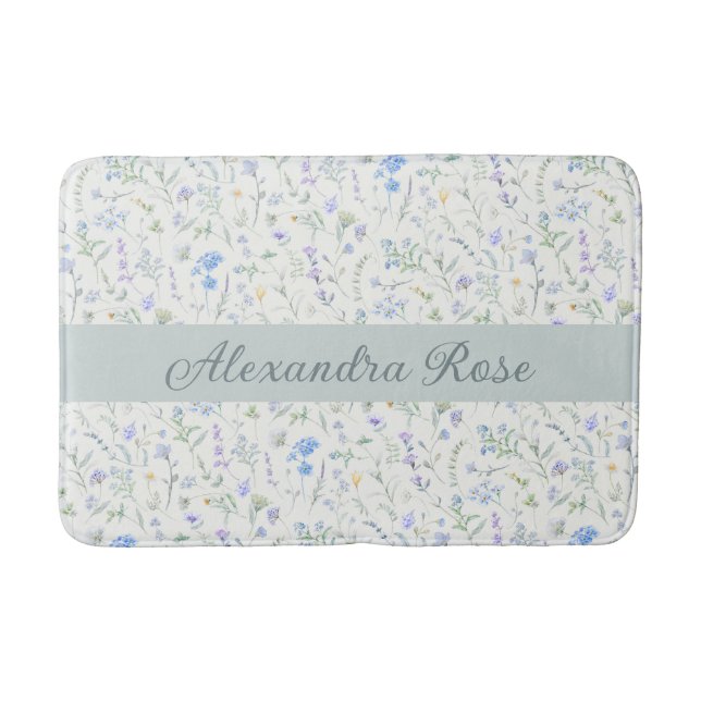 Blau Lila Aquarell Wildblumen Monogramm Name Badematte (Vorderseite)