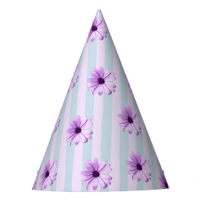 blau-lila gestreiftes Gänseblümchenmuster Partyhütchen (Vorderseite)