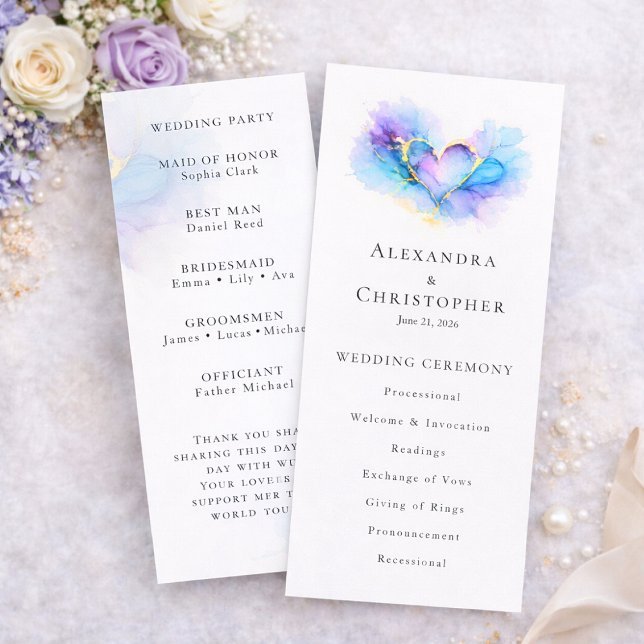 Blau Lila Gold Abstrakte Herz Hochzeitsprogramm  (Von Creator hochgeladen)