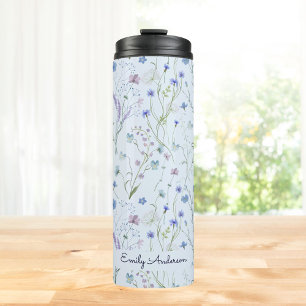 Blau Lila Hübsches Wildblumen Blumenmuster Thermosbecher