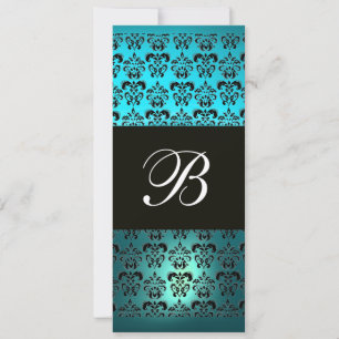 BLAU LILA SCHWARZ DAMAST MONOGRAMM, weiß türkis Einladung