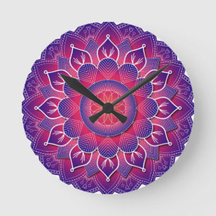 Blau Lila Traditionelles Mandala-Design Runde Wanduhr