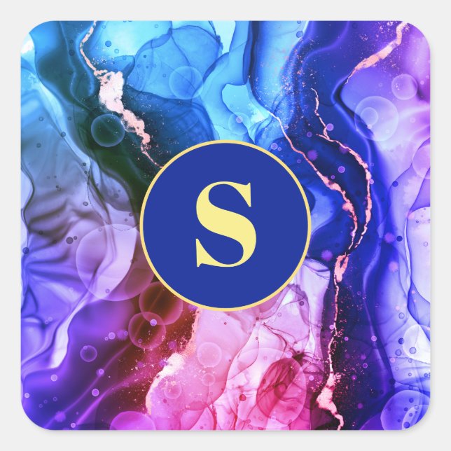 Blau, Lila und rot-violett Flüssigkeits-Tinte, Mon Quadratischer Aufkleber