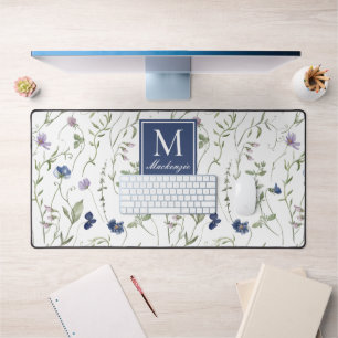 Blau Lila Wilde-Blumen-Monogramm-Name Schreibtischunterlage
