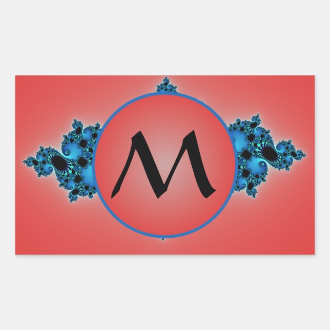 Blau Lush, Fraktal arabesque mit roter Monogramm Rechteckiger Aufkleber (Vorderseite)