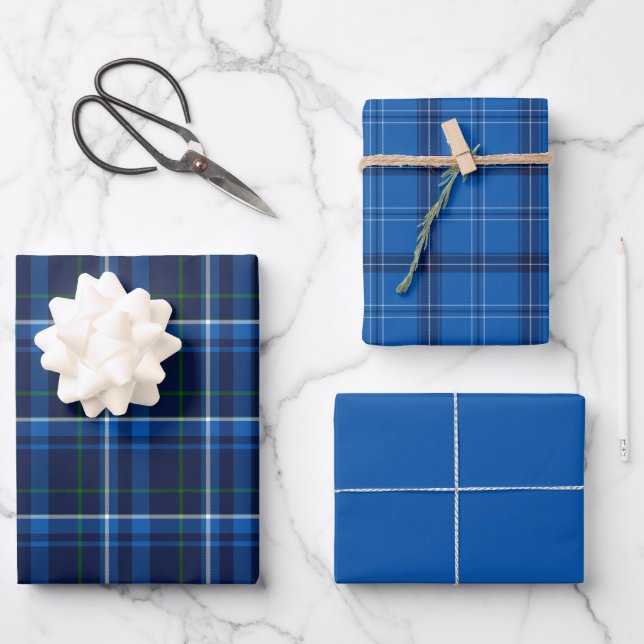 Blau, Marine und Weiß Kariert Geschenkpapier Set (Vorderseite)
