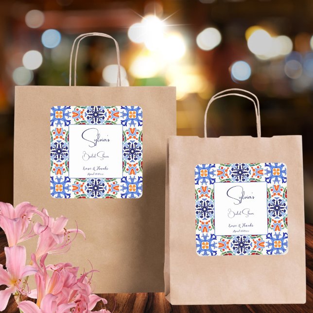 Blau mexikanische bunte Fliesen Brautparty zu Guns Quadratischer Aufkleber (Blue Mexican colorful talavera azulejo tiles Spanish bridal shower thank you favor Sticker template)