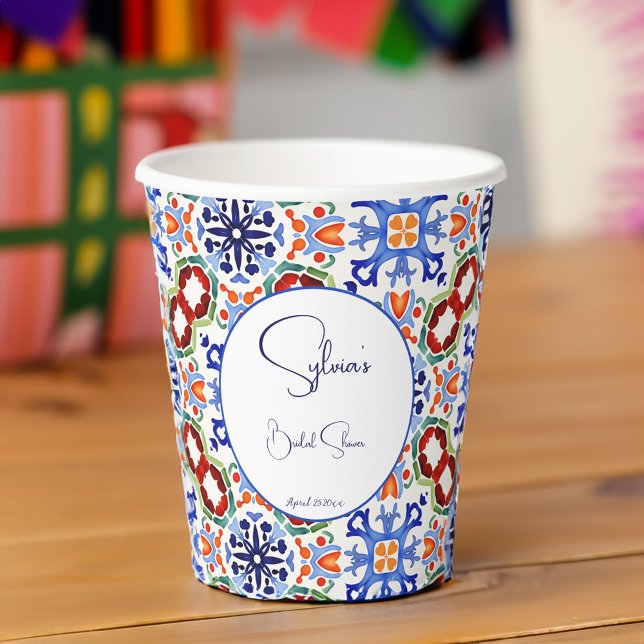 Blau mexikanische Farbfliesen Brautparty bedruckt Pappbecher (Blue Mexican Talavera Azulejo colorful tiles bridal shower printed Paper Cups template personalized)