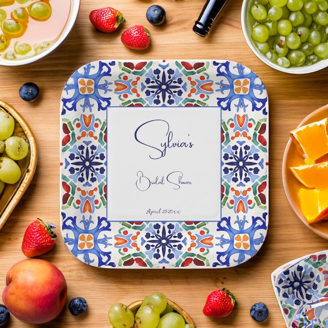 Blau mexikanische Farbfliesen Brautparty bedruckt Pappteller (Blue Mexican colorful talavera azulejo tiles Spanish bridal shower printed Paper Plates template)