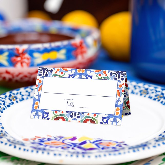 Blau mexikanische Farbfliesen Brautparty bedruckt Platzkarte (Blue Mexican Azulejo Talavera colorful tiles bridal shower printed Place Card personalized tableware)