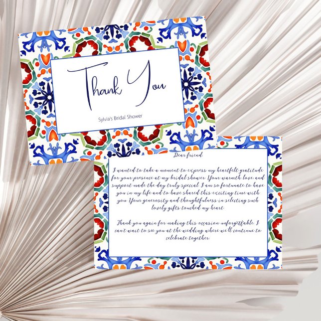 Blau-mexikanische Fliesen Brautparty Dankeskarte (Blue Mexican Portuguese azulejo talavera colorful tiles Mediterranean bridal shower Thank You Cards)