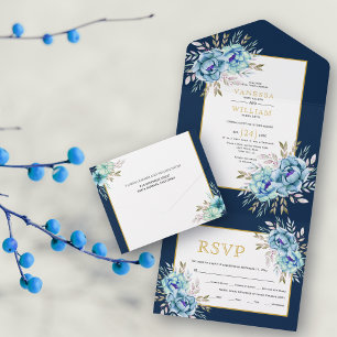 Blau, Minze Aquarell Blume Hochzeit All In One Einladung