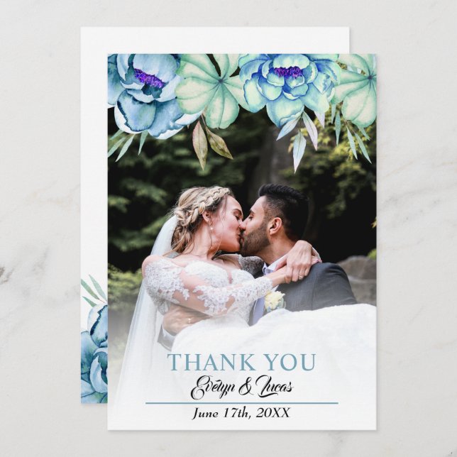 Blau, Minzgrün Blume Blumenzehen Dankeskarte (Vorne/Hinten)