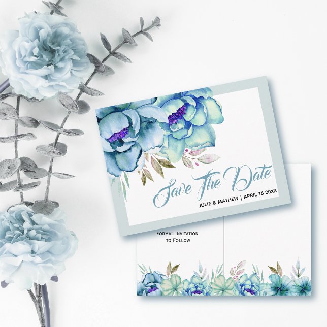 Blau, Minzgrün, Blume Save the Date Postkarte (Von Creator hochgeladen)