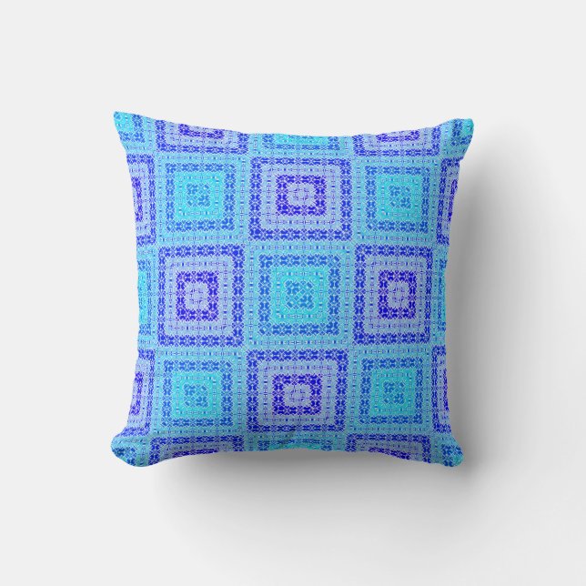 Blau mit Aqua Blue Square Muster Boho Kissen (Vorderseite)