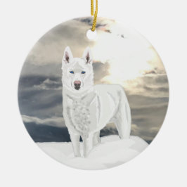 Blau, mit Augen, weißer Husky, im Schnee Keramik Ornament