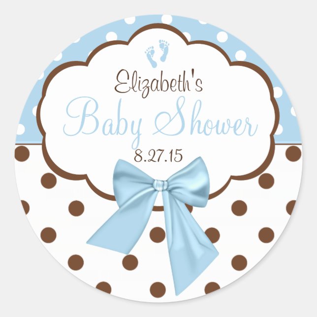 Blau mit brauner Polka Dots Babydusche Runder Aufkleber (Vorderseite)