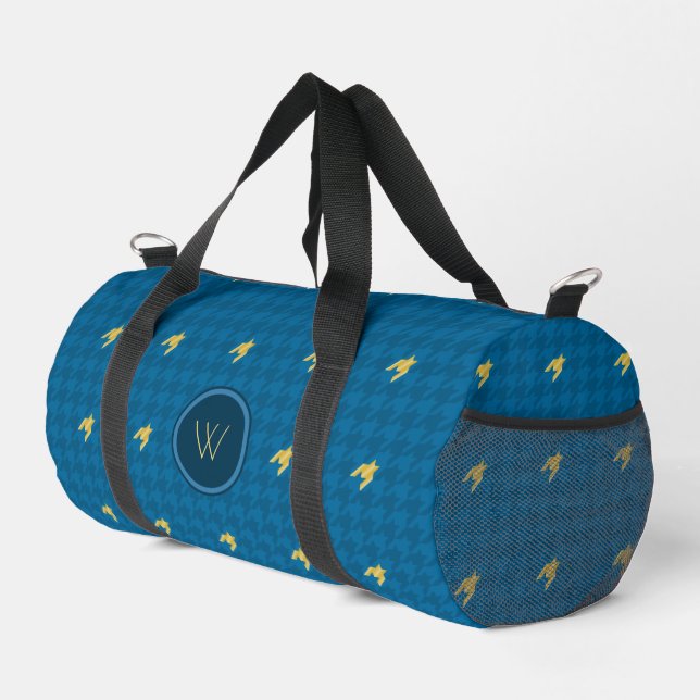 Blau mit dem Gold Accent Hahnentrittmuster Duffle Bag (Rechte Ecke)