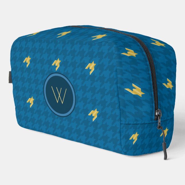 Blau mit dem Gold Accent Hahnentrittmuster Waschbeutel (Rechte Ecke)