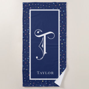 Blau mit farbigen Dots Dekoratives Scroll Monogram Strandtuch