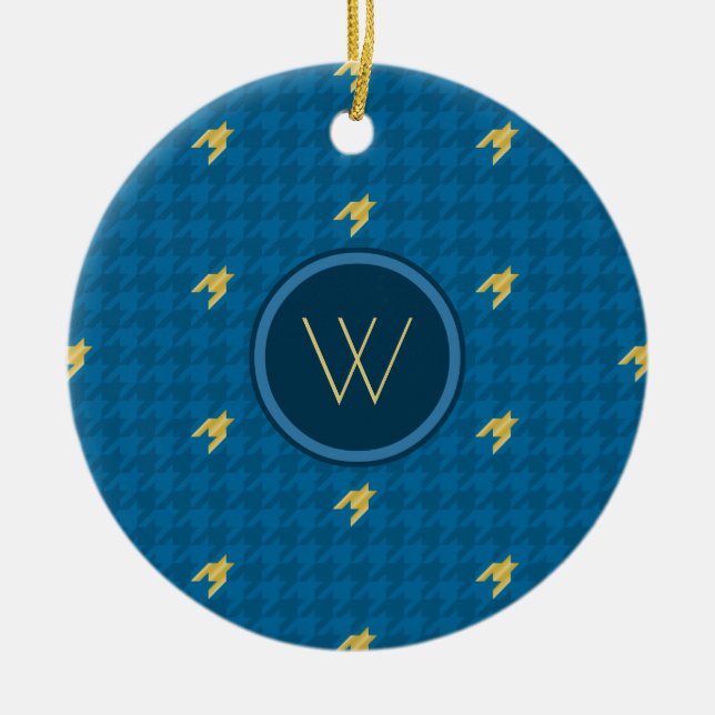 Blau mit Gold Accent Hahnentrittmuster Ornament (Vorne)